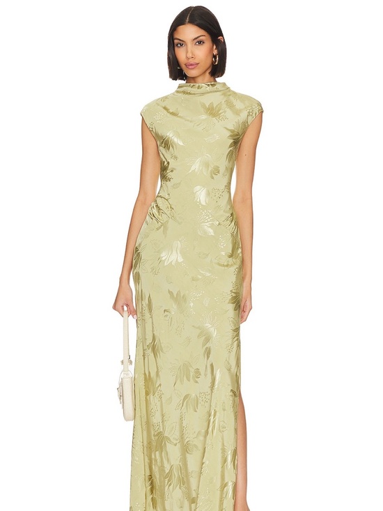 L'Academie Dresses & Skirts - L'Academie Olive Green Satin Floral High-Neck Maxi Dress
